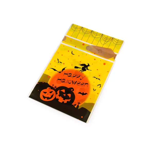 Élelmiszer Halloween zacskó szatén szalaggal 15x22 cm - 2 sárga fekete (5 db-os csomagolás) Élelmiszer Halloween zacskó szatén szalaggal 15x22 cm - 2 sárga fekete (5 db-os csomagolás)