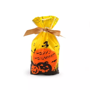   Élelmiszer Halloween zacskó szatén szalaggal 15x22 cm - 2 sárga fekete (50 db-os csomagolás)