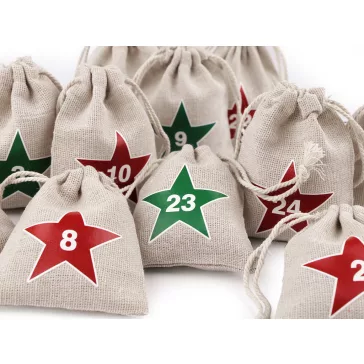   Adventi naptárak  1-24 gyerekeknek ajándéktasak 8x10cm pamutvászon - nyers-natür (1 szett)