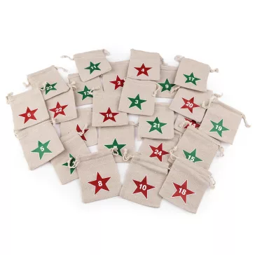   Adventi naptárak  1-24 gyerekeknek ajándéktasak 8x10cm pamutvászon - nyers-natür (3 szett)