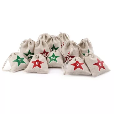   Adventi naptárak  1-24 gyerekeknek ajándéktasak 8x10cm pamutvászon - nyers-natür (3 szett)