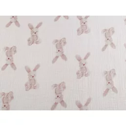   Nyuszis pamut dupla géz (muszlin anyag) - bunny fehér ekrü