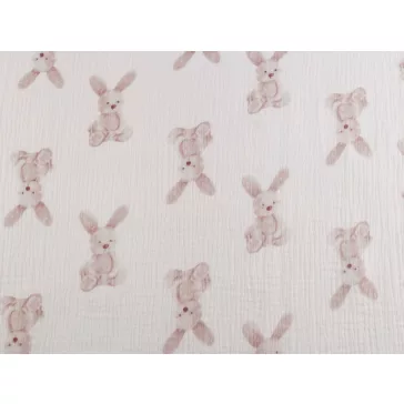   Muslin / double gauze, bunny – nyuszis pattern, white, ecru