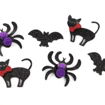   Nemez macska, denevér és pók csillogóval, Halloween - variáns készlet (60 db-os csomagolás)