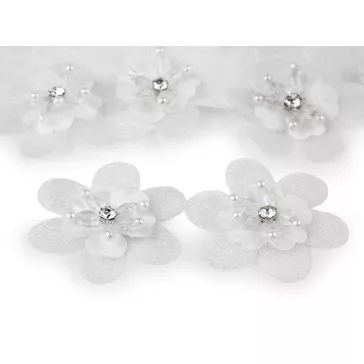   Virág csiszoltkövekkel és gyöngyökkel varrható és ragasztható Ø4,5 cm - 1 fehér (30 db-os csomagolás)