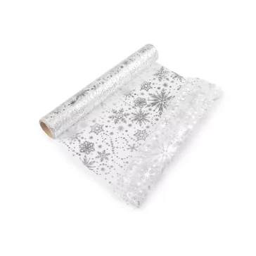   Karácsonyi organza nyomattal- hópihe, széles 36 cm - 1 ezüst (18 m-os csomagolás)
