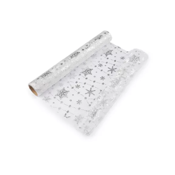 Karácsonyi organza hópihe nyomattal széles 36 cm - 1 ezüst (4,5 m-es csomagolás) Karácsonyi organza hópihe nyomattal széles 36 cm - 1 ezüst (4,5 m-es csomagolás)