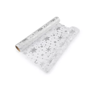   Karácsonyi organza hópihe nyomattal széles 36 cm - 1 ezüst (18 m-os csomagolás)