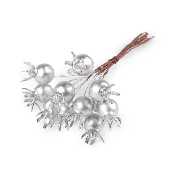 Mű csipkebogyó dróton metalikus - 1 ezüst (5 bunch)
