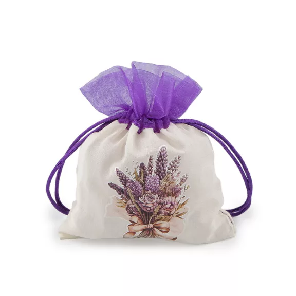 Ajándékzsák levendulás mintával 10x13 cm - 1 krém világos lila (12 db-os csomagolás) Ajándékzsák levendulás mintával 10x13 cm - 1 krém világos lila (12 db-os csomagolás)