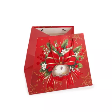   Karácsonyi ajándéktáska 31,5x26 cm - 1 piros gömb (12 db-os csomagolás)