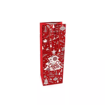   Karácsonyi palack ajándéktáska boros 12x35 cm - 4 piros fa (1 db-os csomagolás)