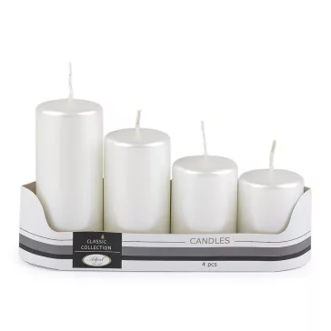   Lépcsőzetes hengeres adventi gyertyák Ø5 cm - 3 fehér fémes (4 szett)