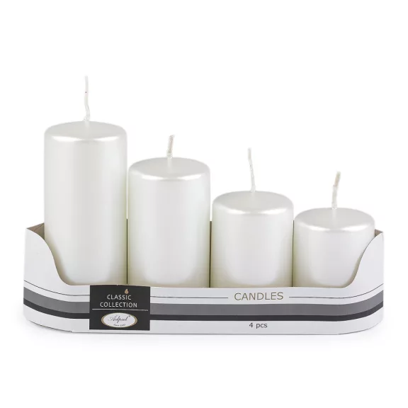 Lépcsőzetes hengeres adventi gyertyák Ø5 cm - 3 fehér fémes (4 szett) Lépcsőzetes hengeres adventi gyertyák Ø5 cm - 3 fehér fémes (4 szett)