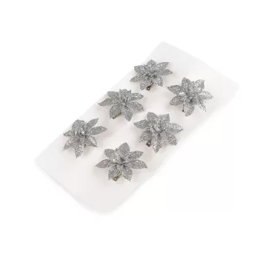   Csillámos mikulásvirág csipesszel Ø 6; 8 cm - 1 (Ø6 cm) ezüst (6 db-os csomagolás)