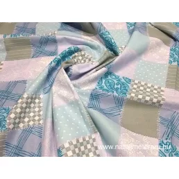 türkizkék, patchwork mintás pamutvászon