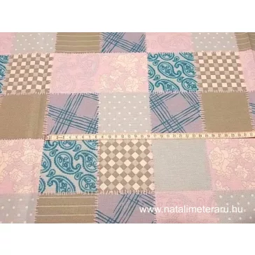 türkizkék, patchwork mintás pamutvászon