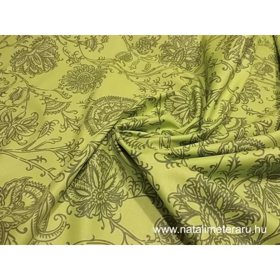 Kiwizöld, szürke virág mintás twill pamutvászon Kiwizöld, szürke virág mintás twill pamutvászon