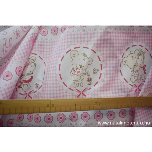 "Rózsaszín maci" bordűrős pamutvászon B4697