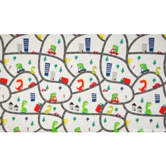 Utazó dinók fehér alapon elasztikus pamut jersey