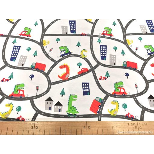 Utazó dinók fehér alapon elasztikus pamut jersey