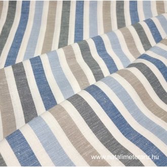   Natúr bézs, farmerkék, törtfehér csíkos len-pamut szövet 220cm széles
