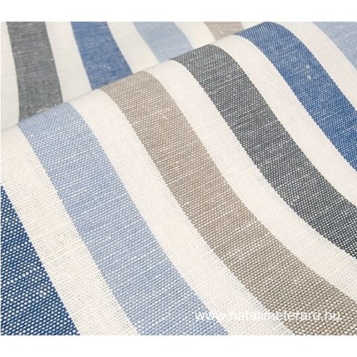 Natúr bézs, farmerkék, törtfehér csíkos len-pamut szövet 220cm széles