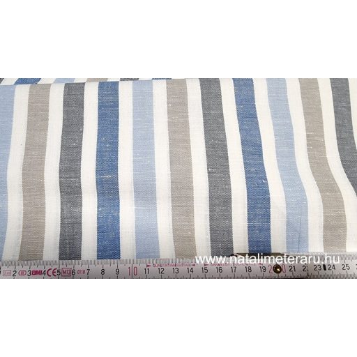 Natúr bézs, farmerkék, törtfehér csíkos len-pamut szövet 220cm széles